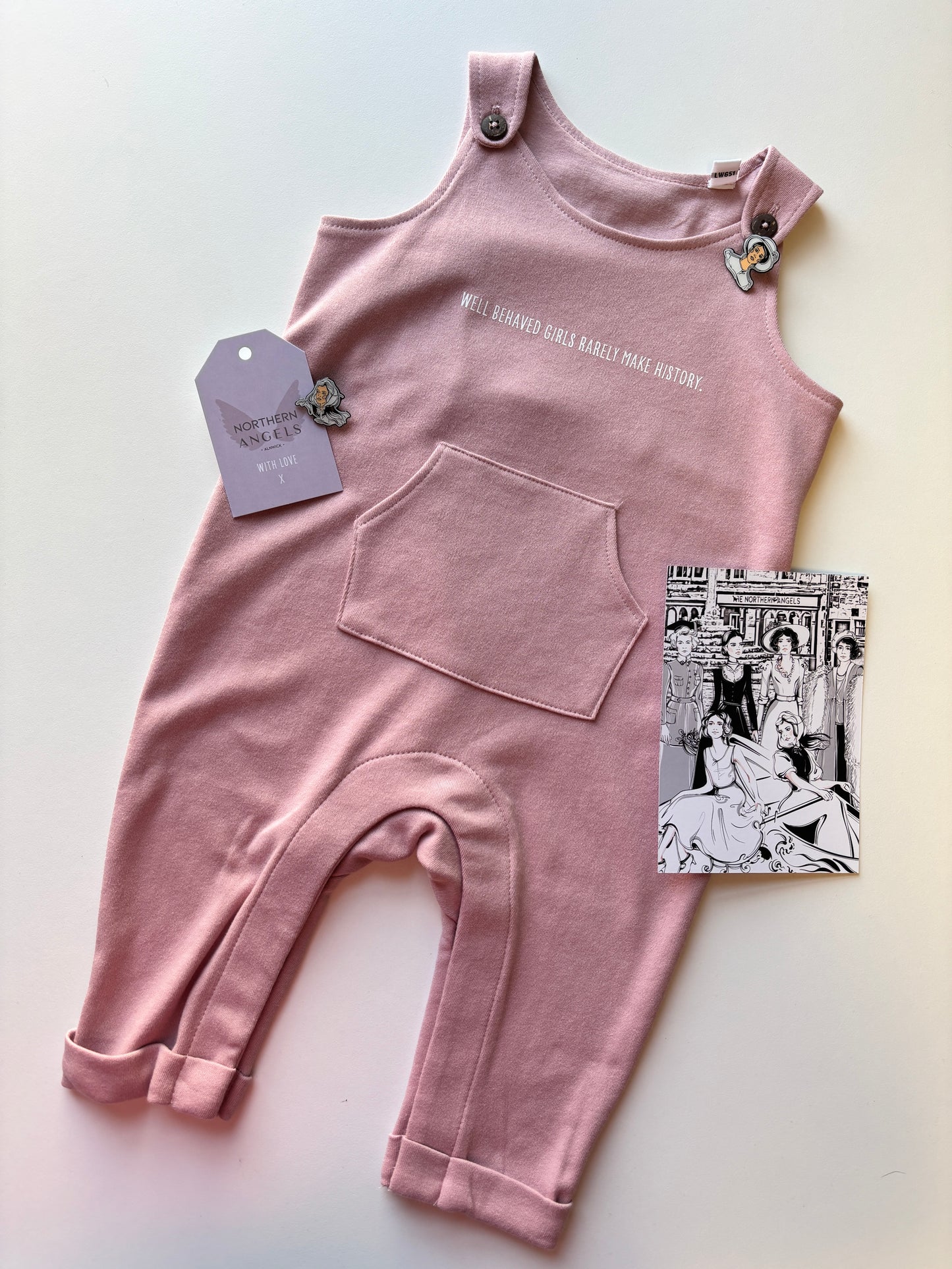 Northern Angels Kids Organic Soft Pink Slogan Dungarees