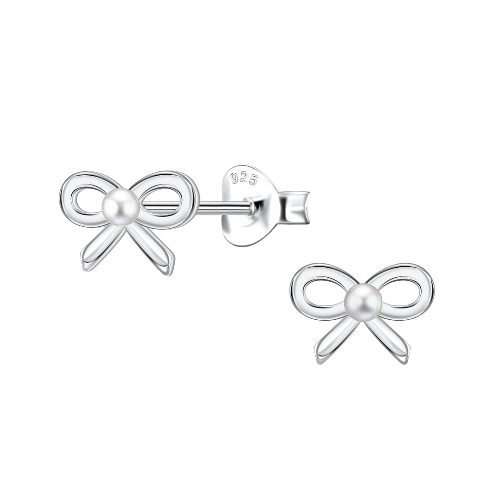 Northern Angels Sterling Silver Bow Ear Studs With Pearl