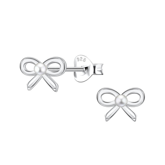 Northern Angels Sterling Silver Bow Ear Studs With Pearl