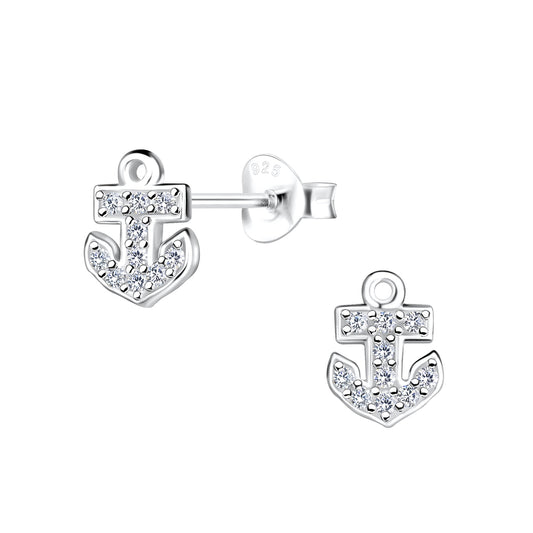 Northern Angels Sterling Silver Anchor Ear Studs-White